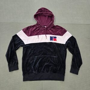 Russell Hoodie Mens Large Fleece Pockets Velour Fuzzy Retro 90s Y2K Sport Jacket